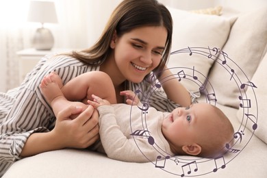 Mother singing lullaby to her baby at home. Illustration of flying music notes around child