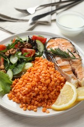 Plate with healthy food high in vegetable fats on light wooden table, closeup