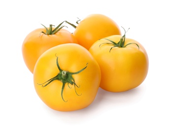 Photo of Delicious ripe yellow tomatoes isolated on white