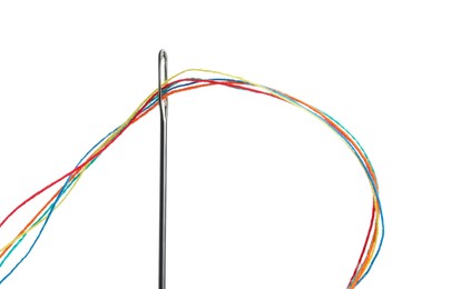 Sewing needle with colorful threads isolated on white