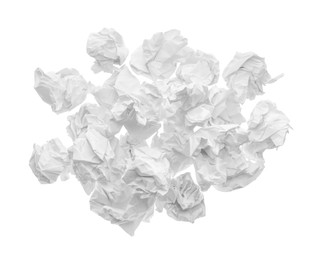 Photo of Crumpled sheets of paper on white background, top view
