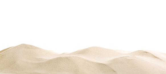 Photo of Heap of dry beach sand on white background