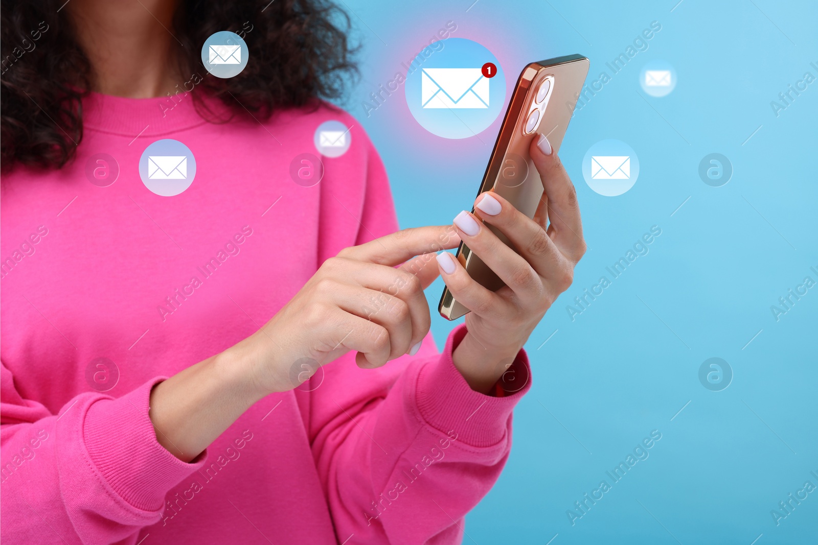 Image of Email. Woman using mobile phone on light blue background, closeup. Letter illustrations around device