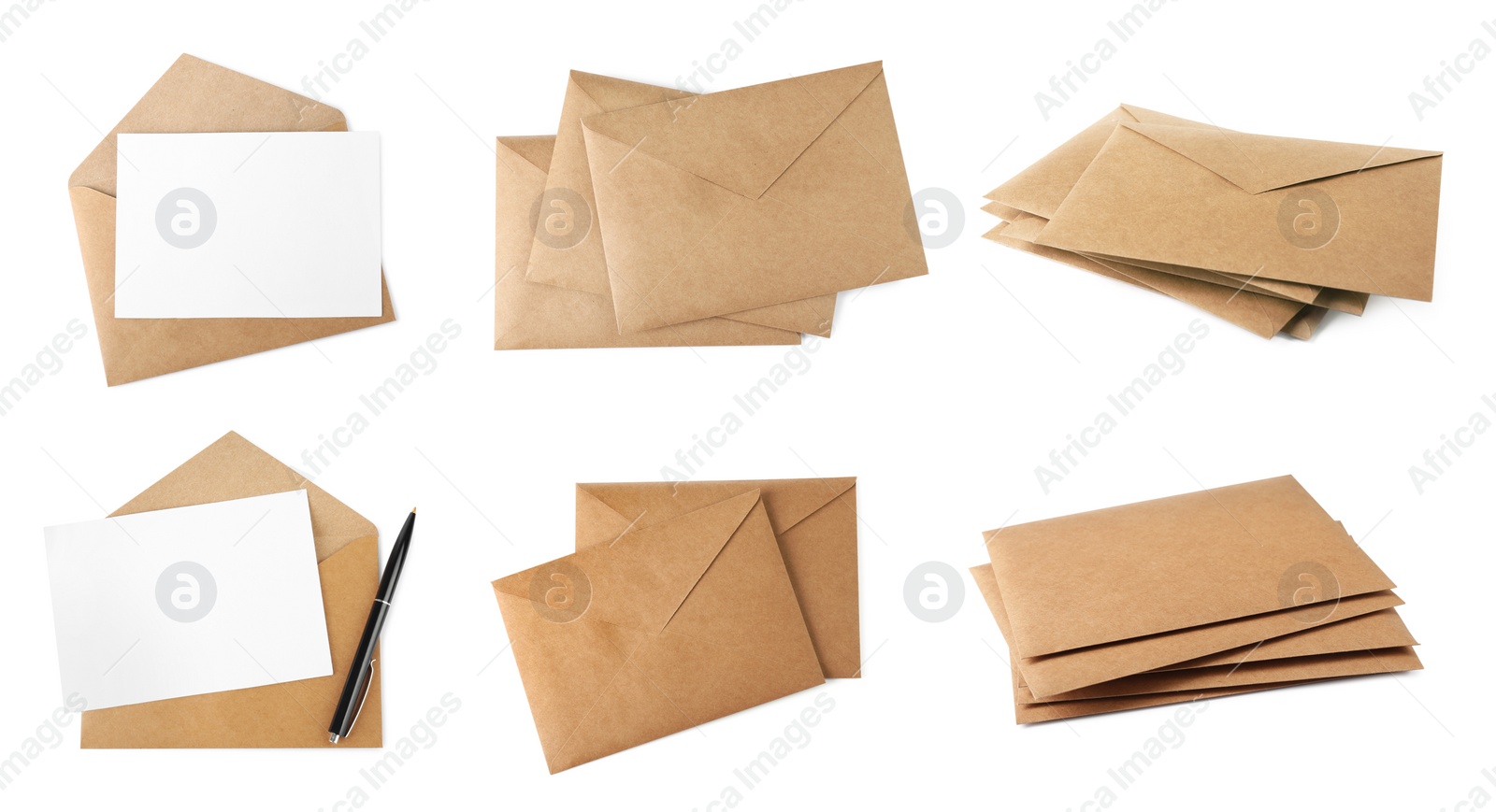 Image of Set with letter in kraft envelopes on white background