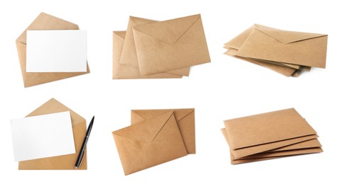 Image of Set with letter in kraft envelopes on white background