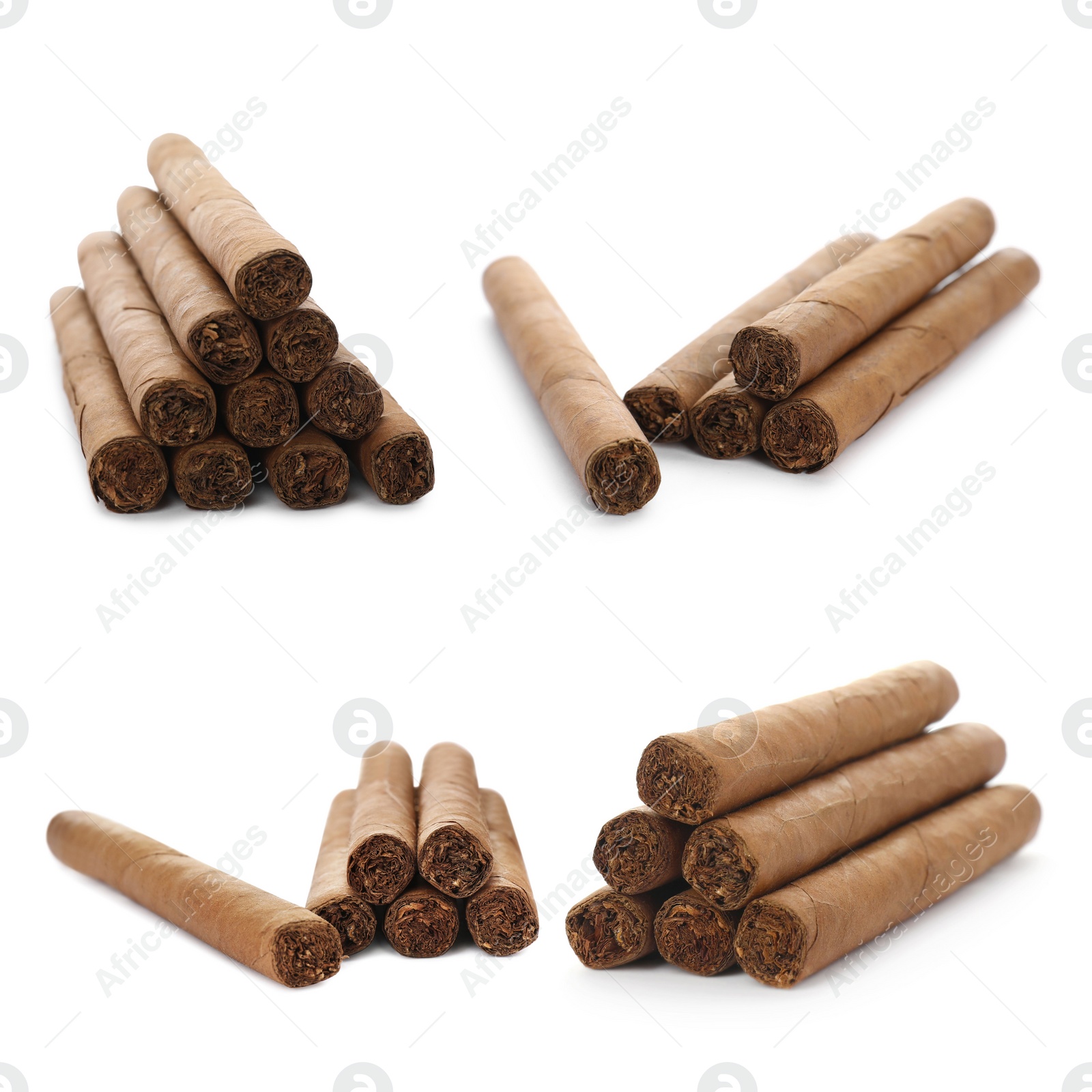 Image of Set of cigars wrapped in tobacco leaves on white background