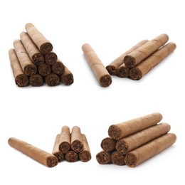 Image of Set of cigars wrapped in tobacco leaves on white background