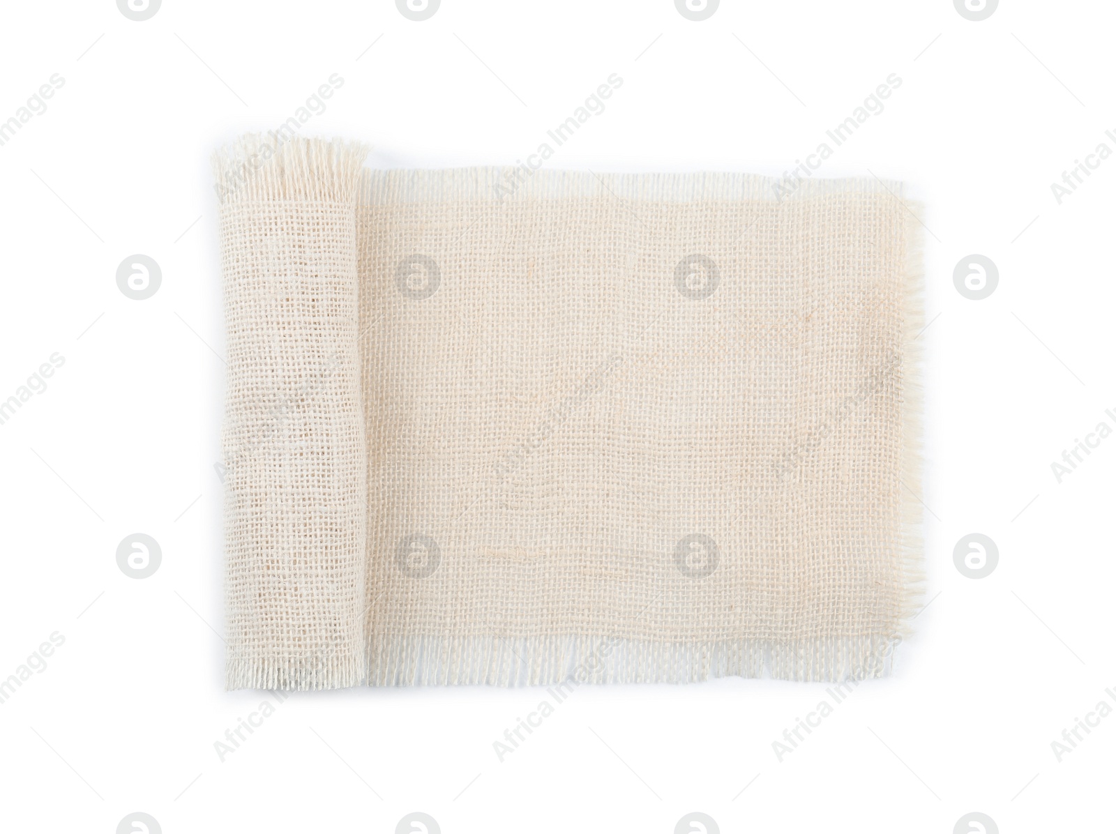 Photo of Roll of burlap fabric isolated on white, top view