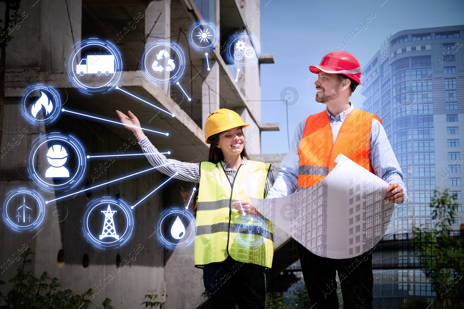 Image of Multiple exposure of engineers, scheme and cityscape