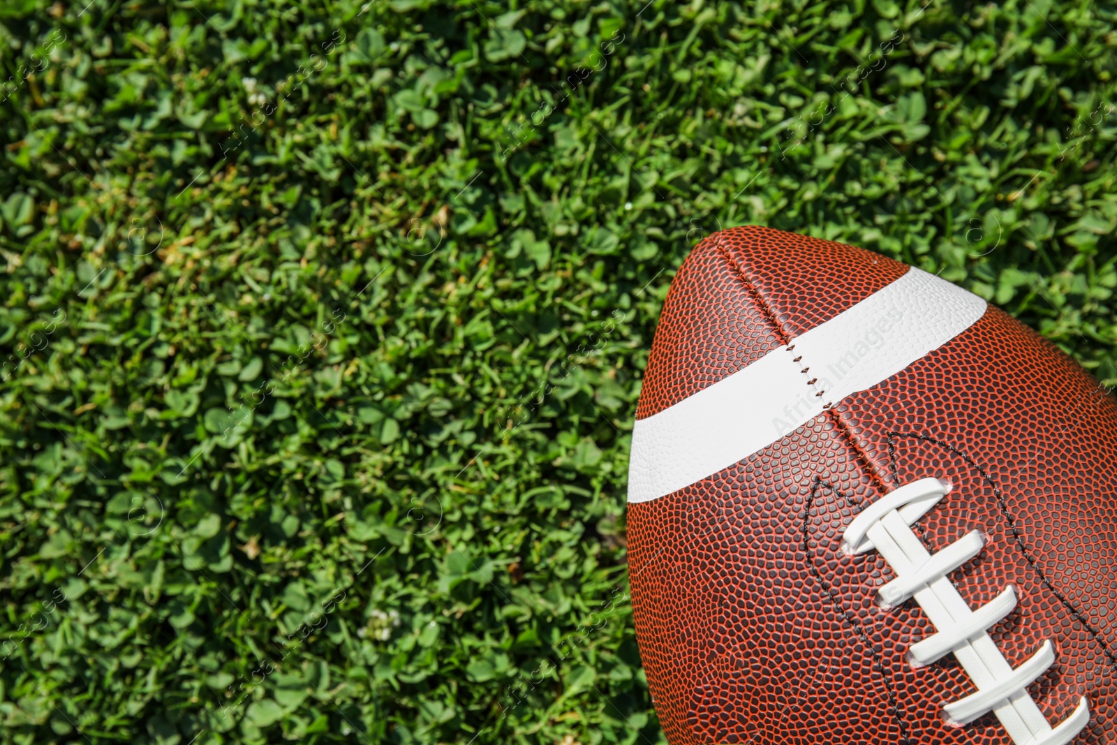 Photo of Ball for American football on fresh green field grass, top view. Space for text