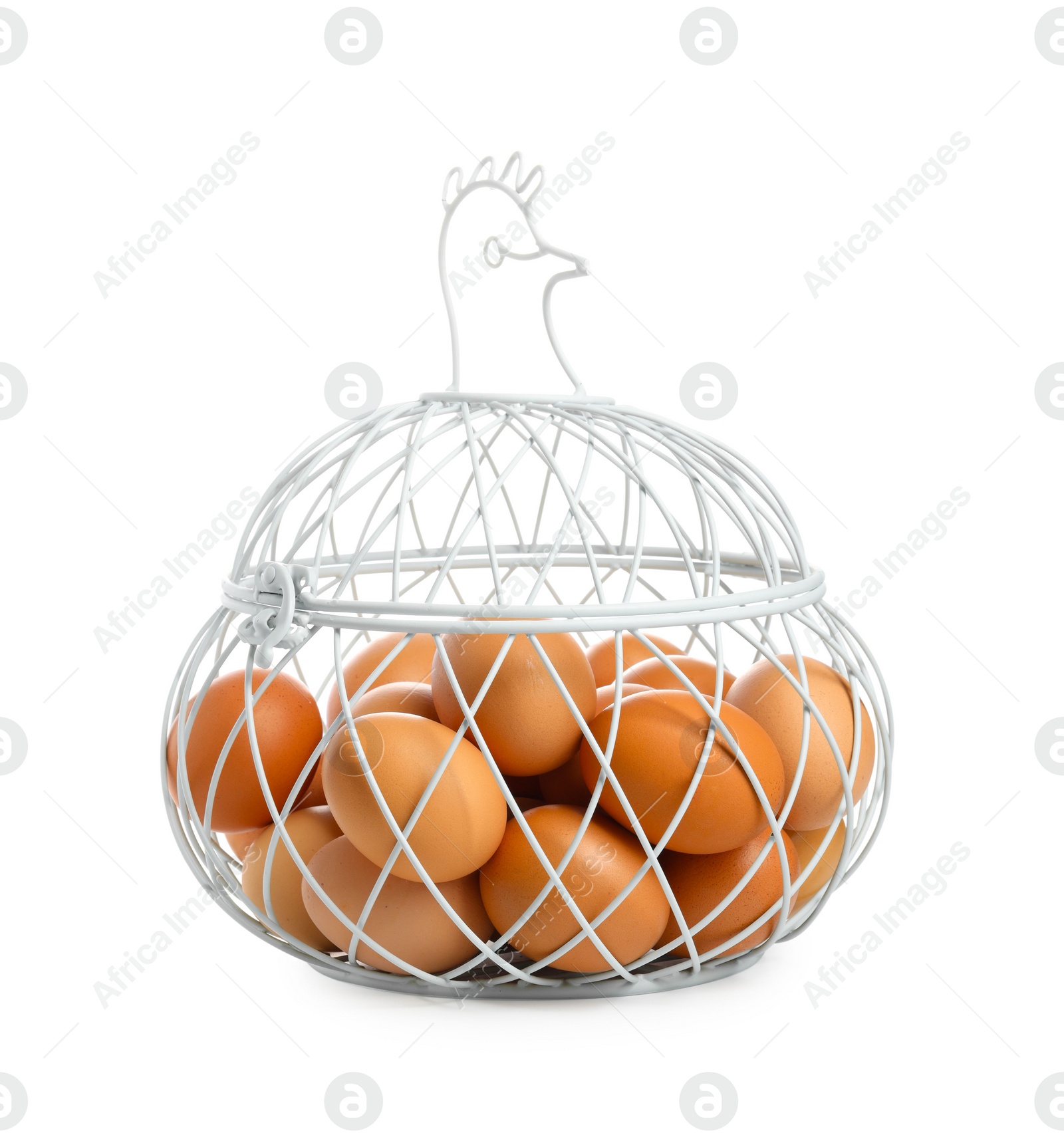 Photo of Chicken eggs in metal basket isolated on white