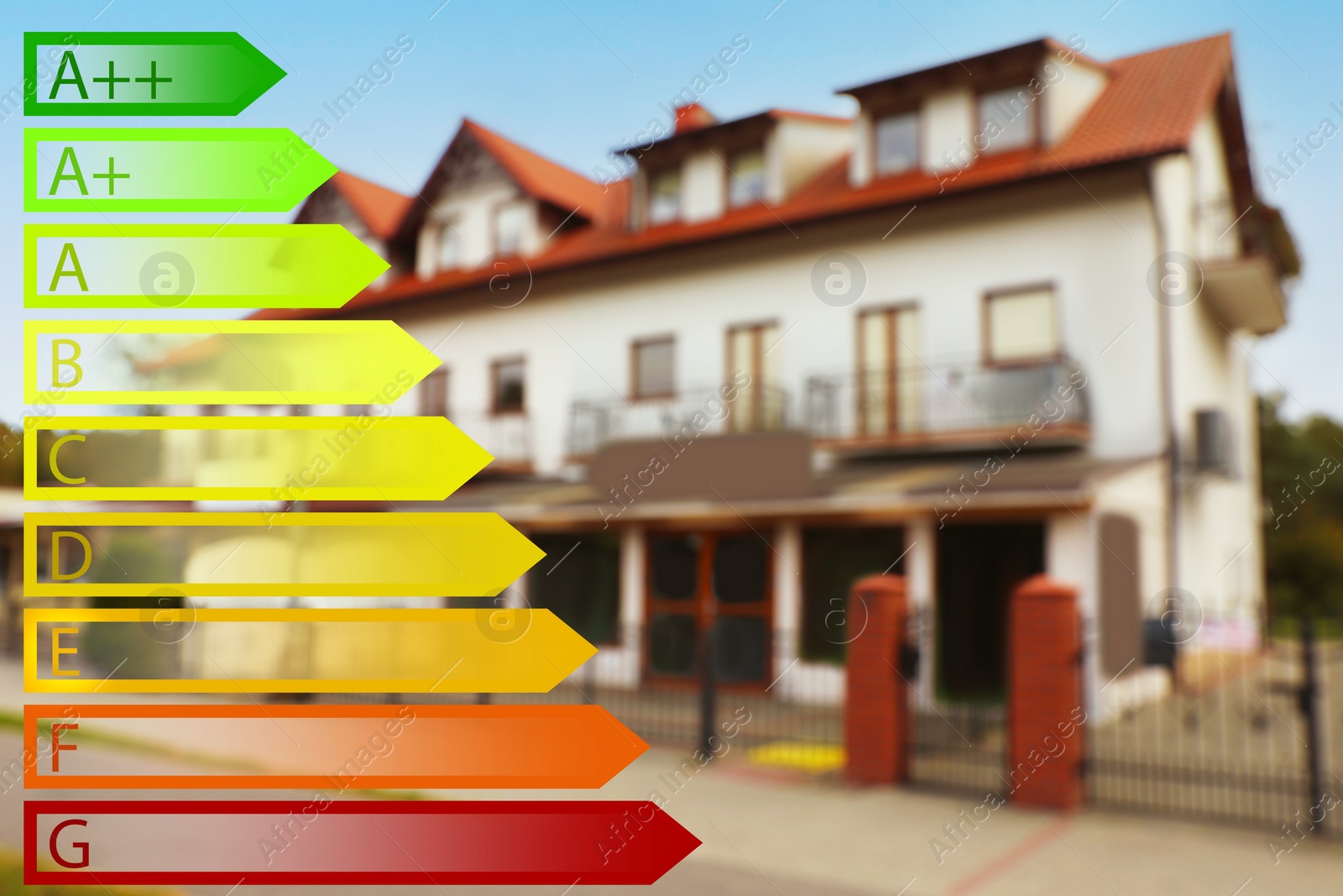 Image of Energy efficiency rating and blurred view of house outdoors