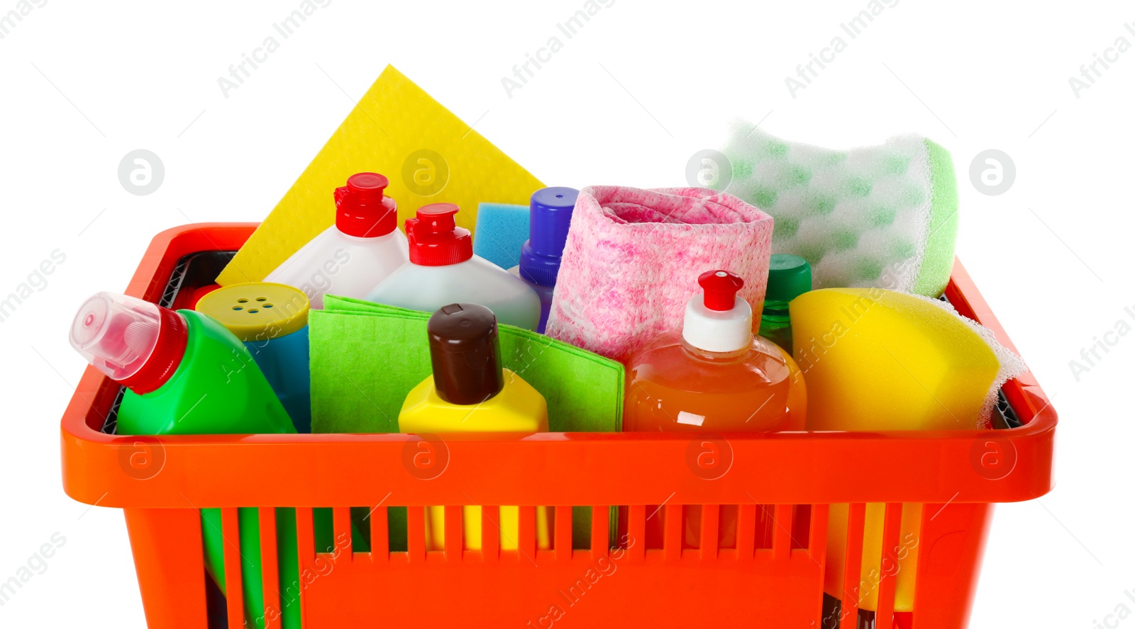 Photo of Shopping basket full of detergents on white background