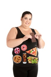 Image of Overweight woman with images of different unhealthy food on her belly against white background