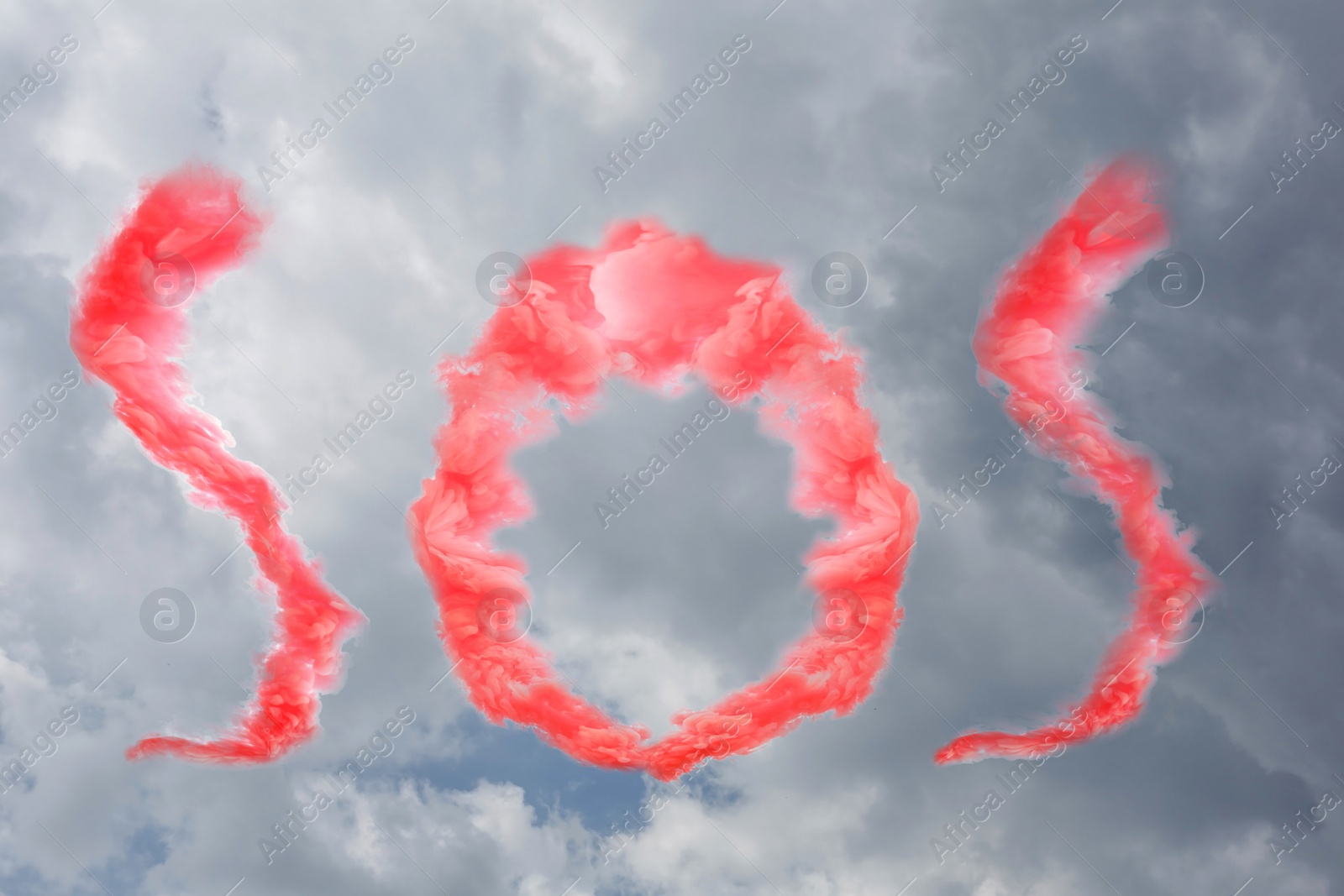 Image of Word SOS made of red smoke in cloudy sky