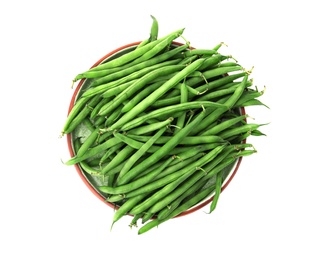 Photo of Fresh green beans isolated on white, top view