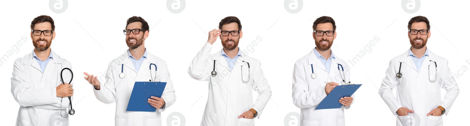 Image of Collage with photos of doctor on white background. Banner design