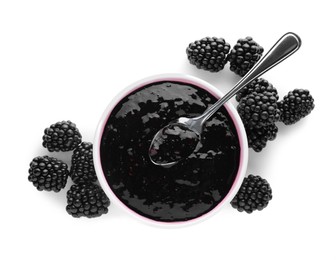 Photo of Blackberry puree in bowl and fresh berries on white background, top view