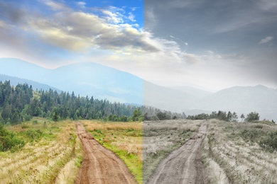 Image of Choosing way. Landscape with different roads in mountains, collage 