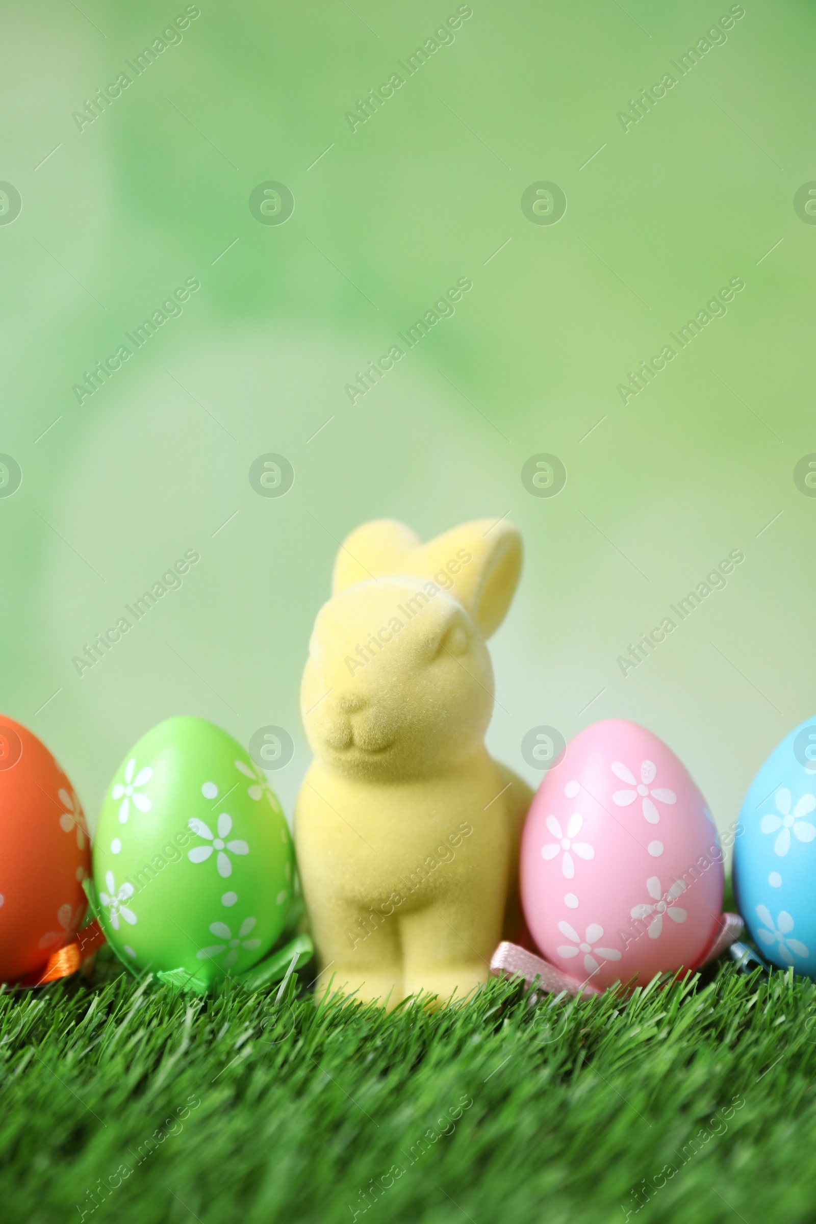 Photo of Easter bunny and painted eggs on green grass