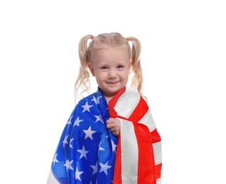 Portrait of cute little girl with American flag on white background