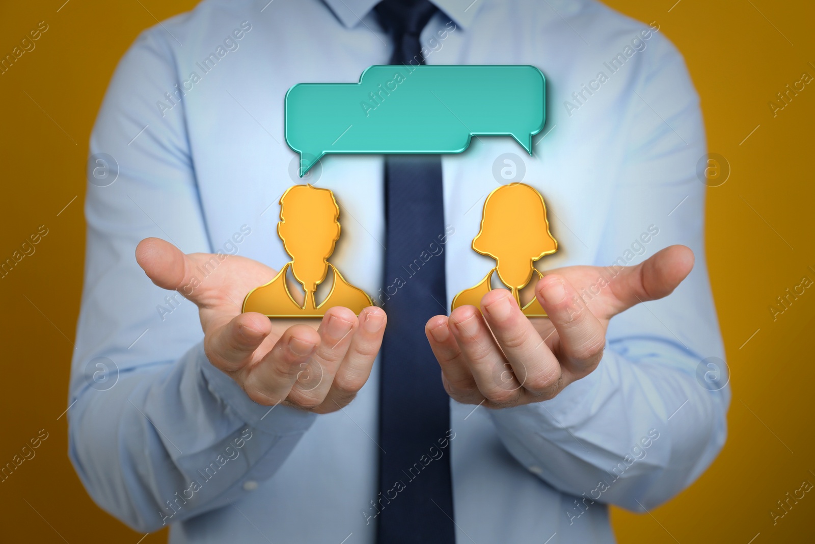 Image of Productive dialogue, meaningful conversation. Businessman holding illustration of people with speech bubbles on dark gold background, closeup