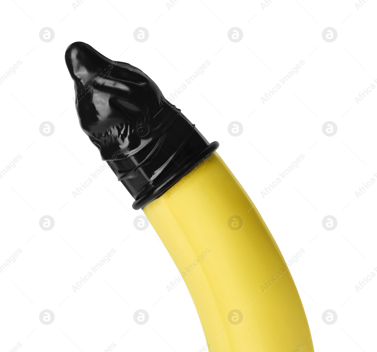 Photo of Banana with condom isolated on white. Safe sex concept