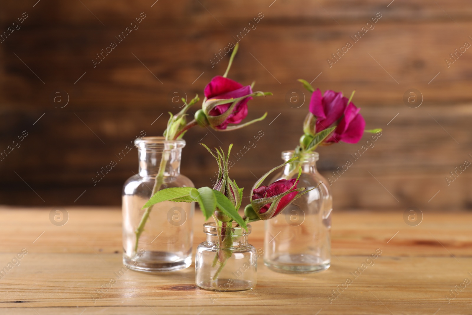 Photo of Beautiful roses in glass bottles on wooden table