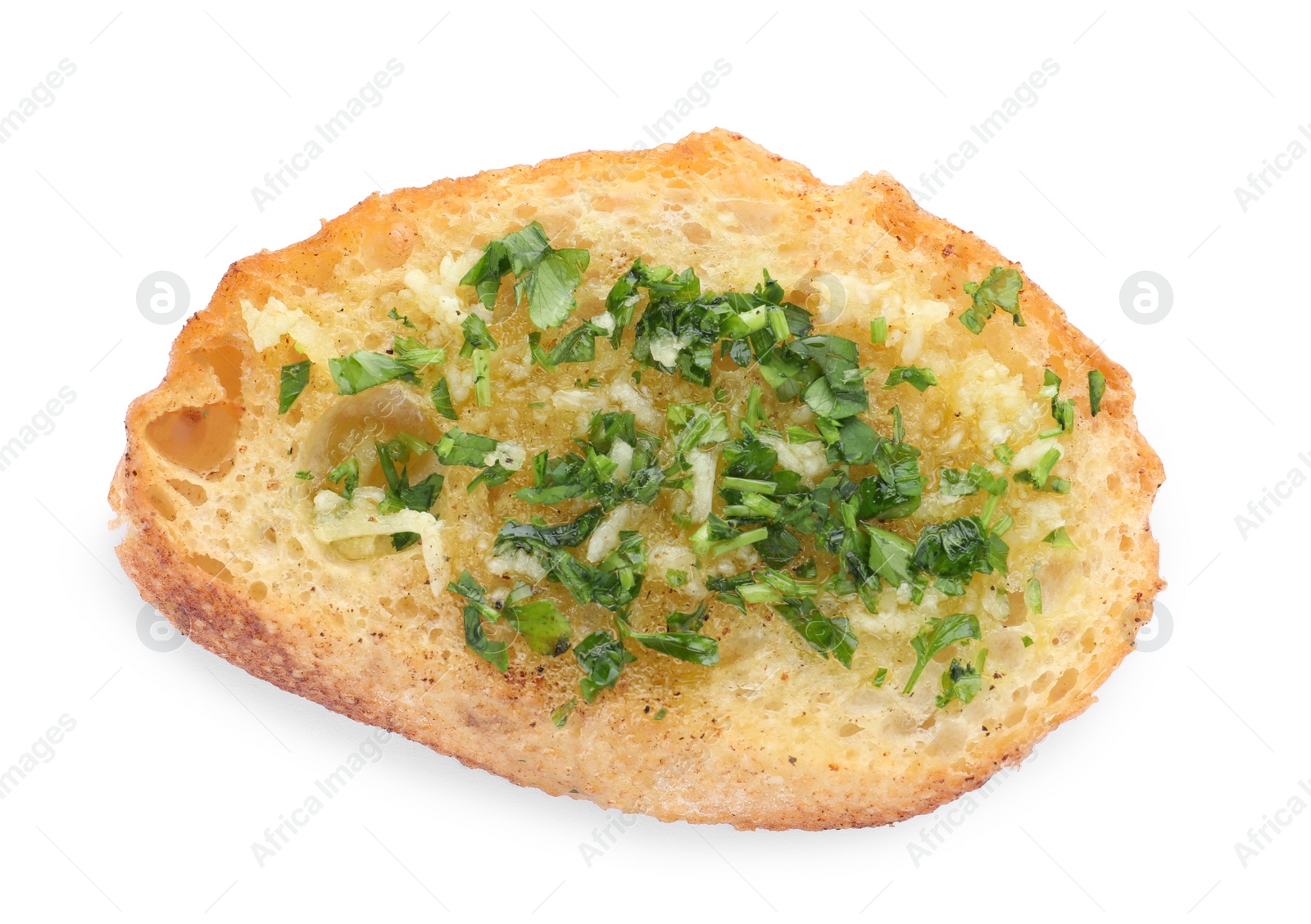 Photo of Slice of toasted bread with garlic and herb on white background, top view