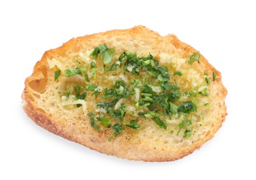 Slice of toasted bread with garlic and herb on white background, top view