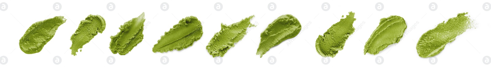 Image of Set with spicy wasabi paste on white background, top view. Banner design