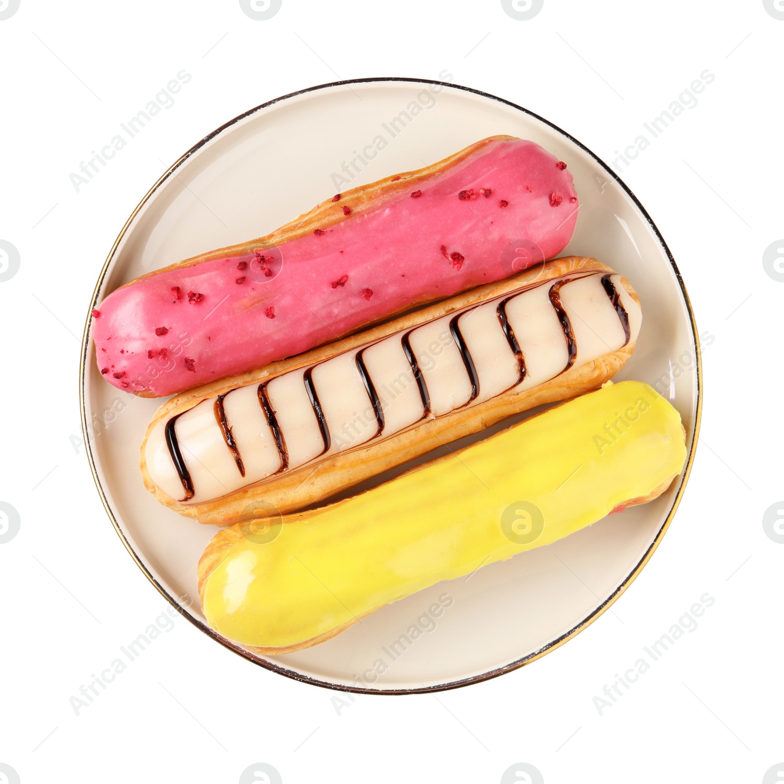 Photo of Delicious eclairs covered with glaze isolated on white, top view