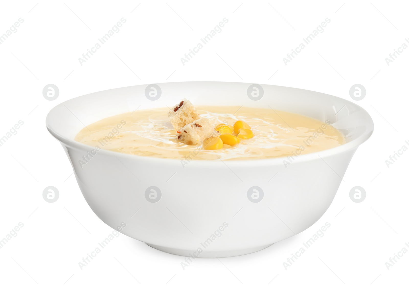 Photo of Delicious corn cream soup isolated on white