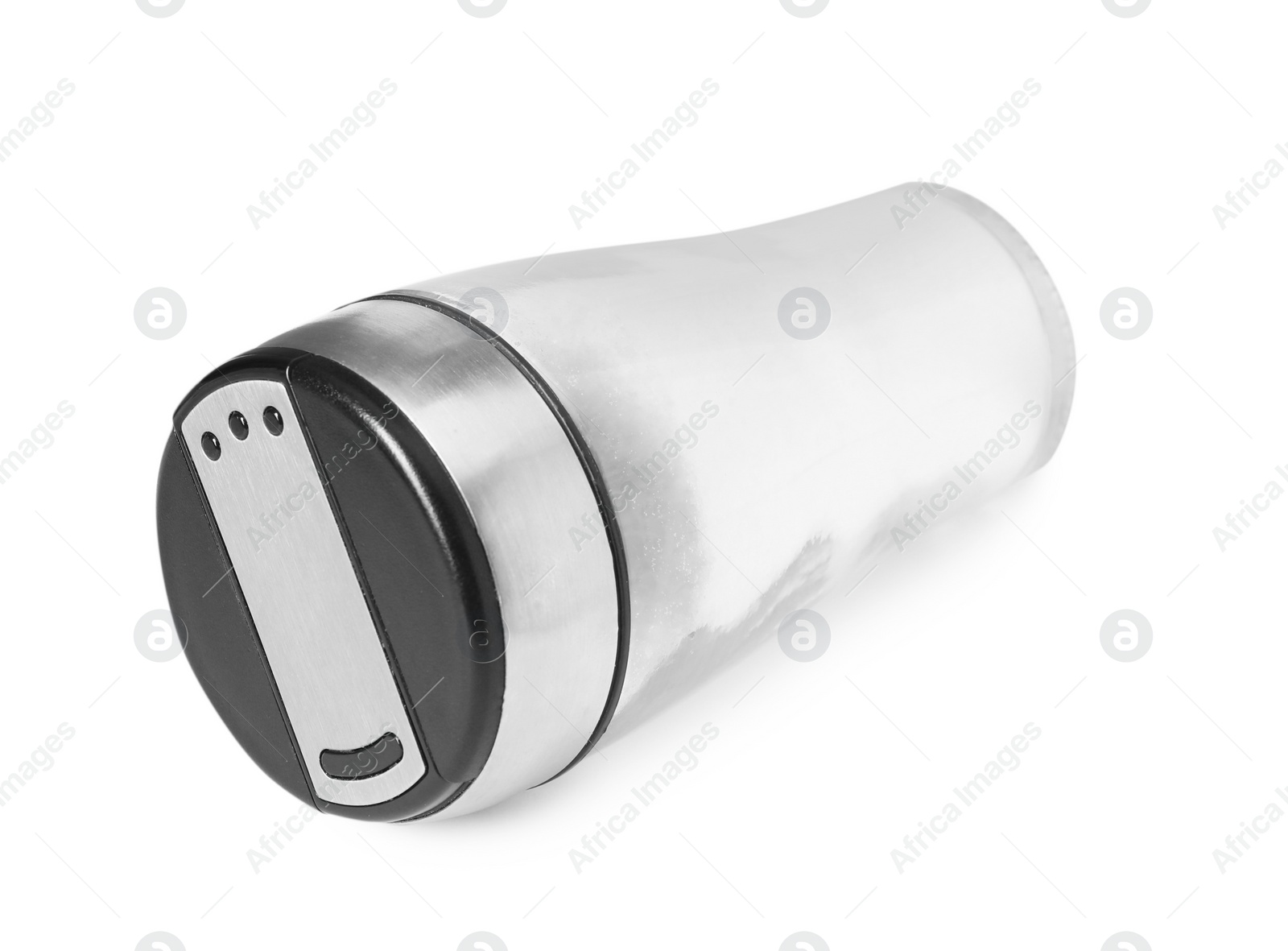 Photo of One shaker with salt isolated on white