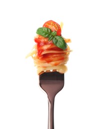 Fork with tasty pasta, tomato sauce and basil isolated on white