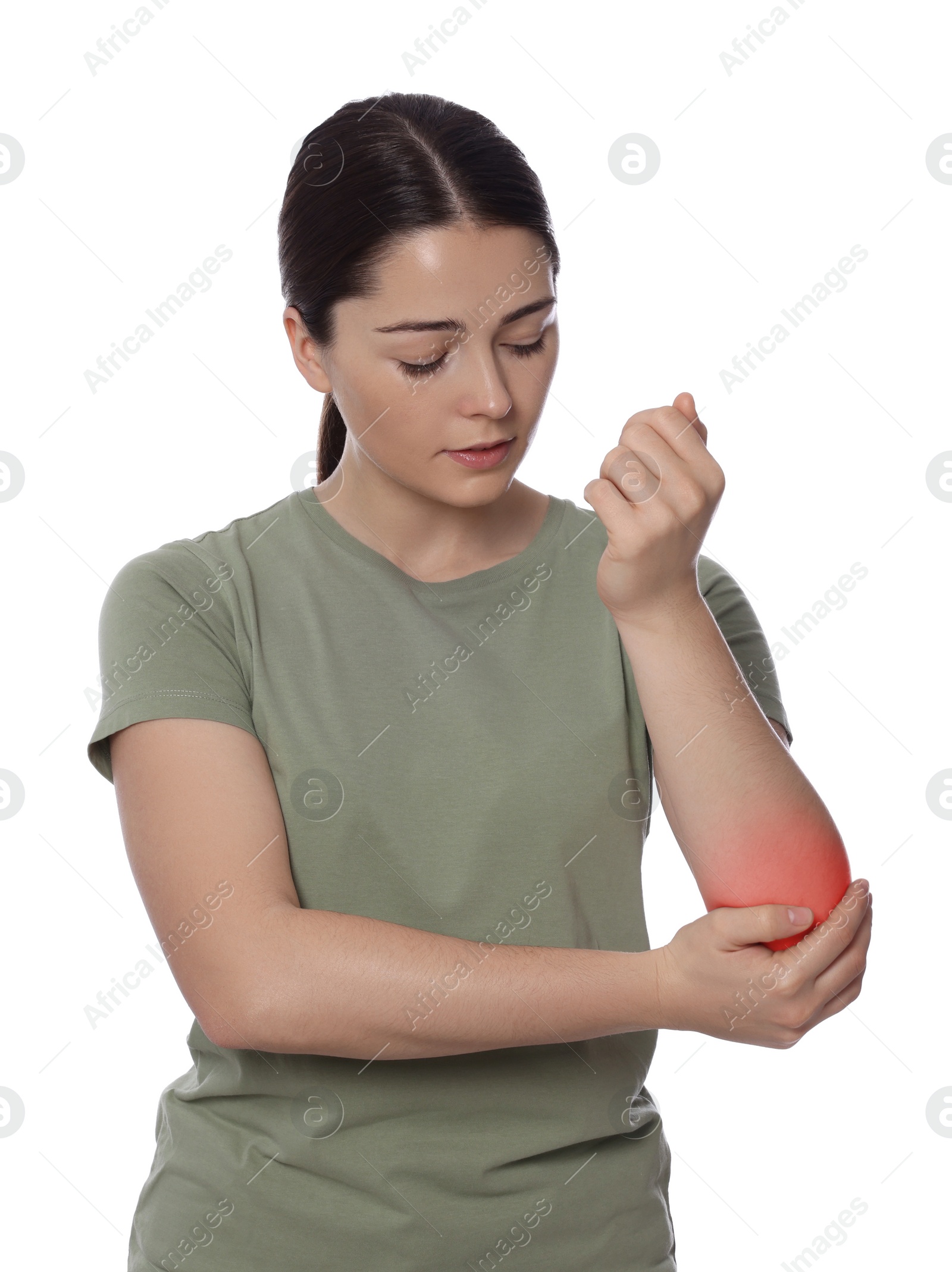 Image of Woman suffering from pain in elbow on white background