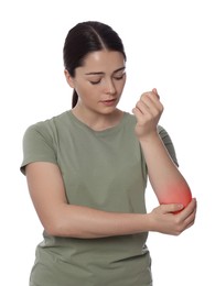 Woman suffering from pain in elbow on white background