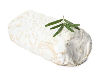 Delicious fresh goat cheese with rosemary on white background