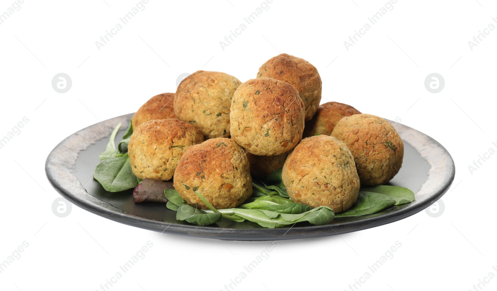 Photo of Delicious falafel balls with herbs on white background