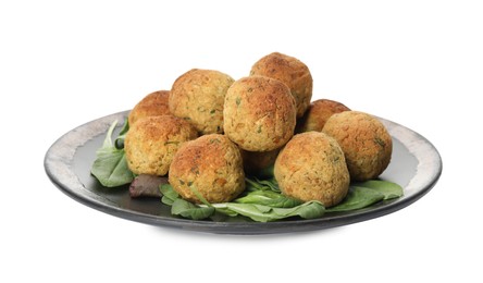 Delicious falafel balls with herbs on white background