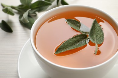 Photo of Cup of aromatic sage tea with fresh leaves on white table, closeup