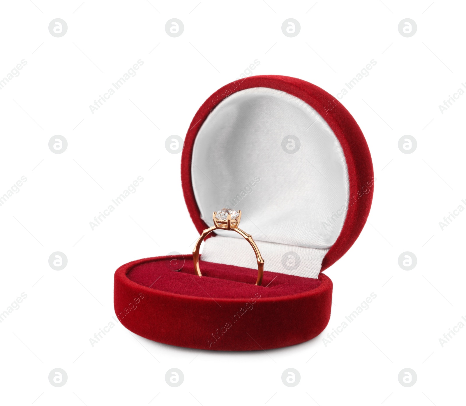 Photo of Beautiful engagement ring with gemstone in box isolated on white