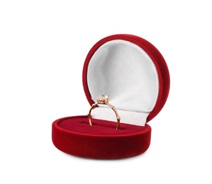 Photo of Beautiful engagement ring with gemstone in box isolated on white