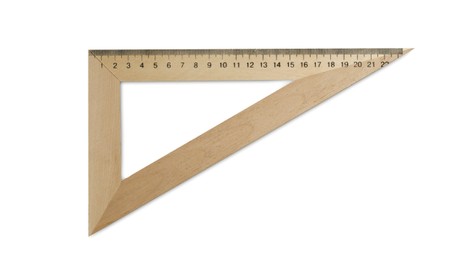 Photo of Wooden triangle with measuring length markings isolated on white, top view