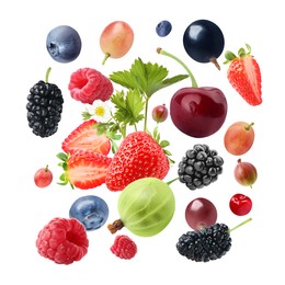 Image of Many different fresh berries falling on white background