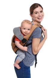 Woman with her son in baby carrier on white background
