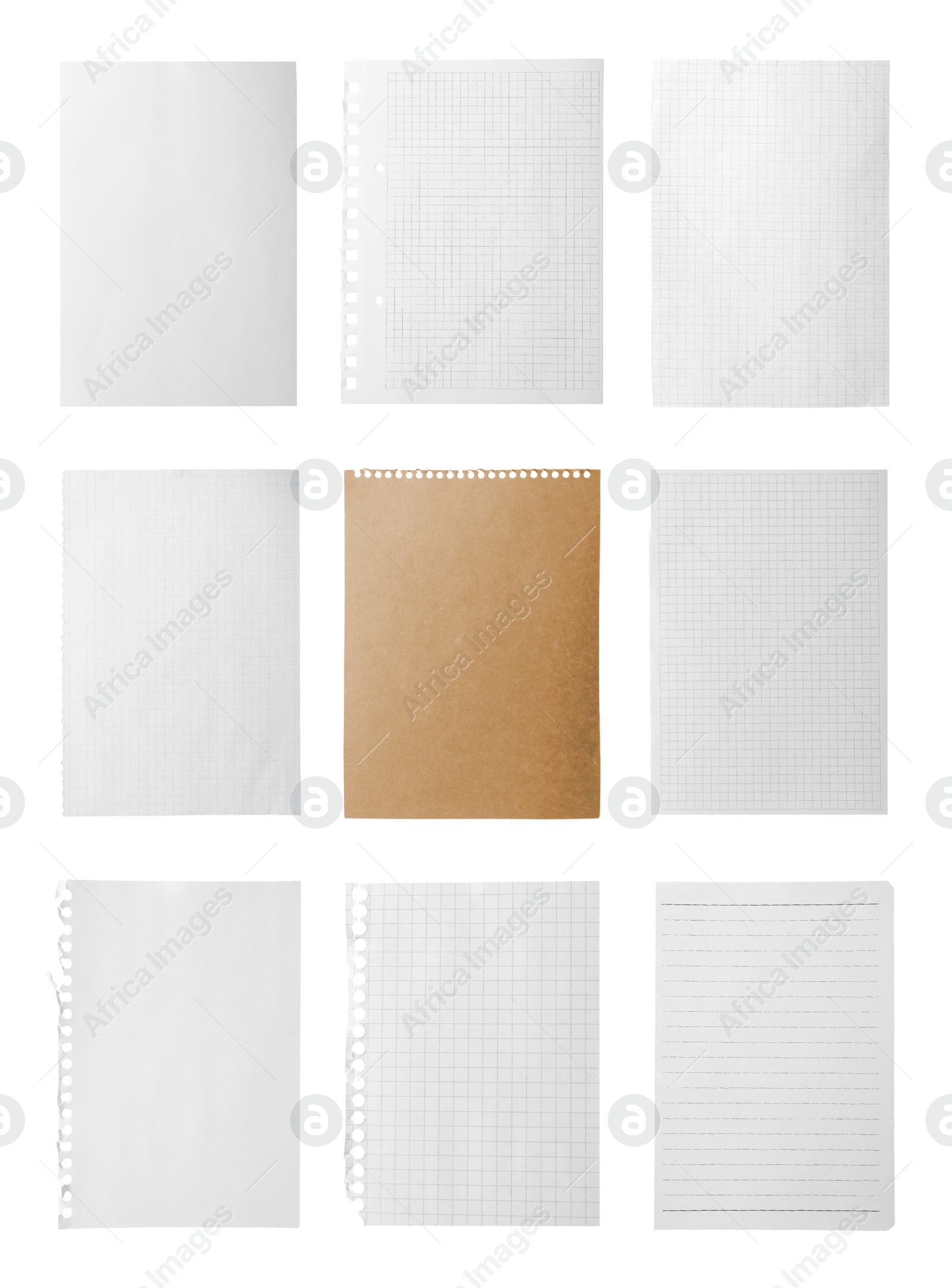 Image of Set of different notebook papers on white background