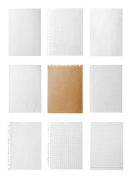 Image of Set of different notebook papers on white background