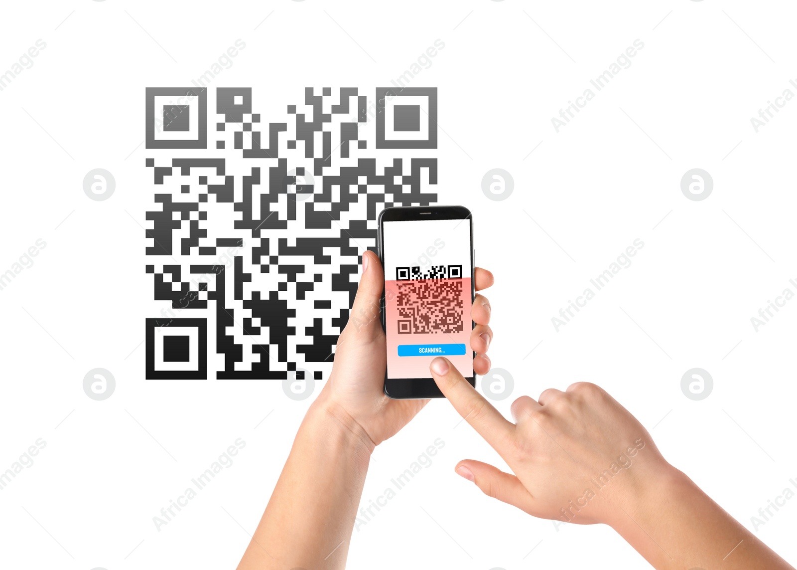 Image of Man scanning QR code with smartphone on white background, closeup