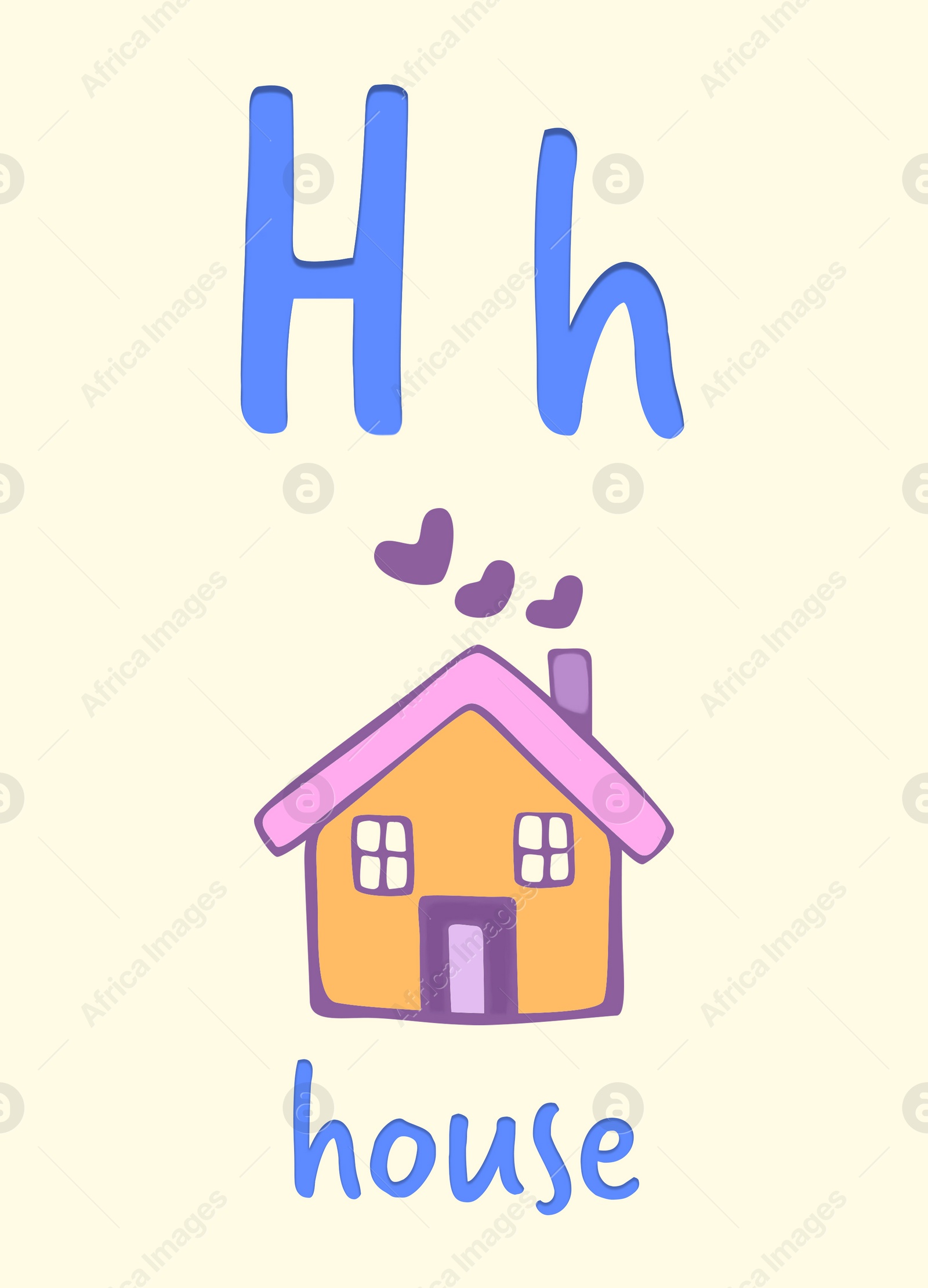 Illustration of Learning English alphabet. Card with letter H and house, illustration